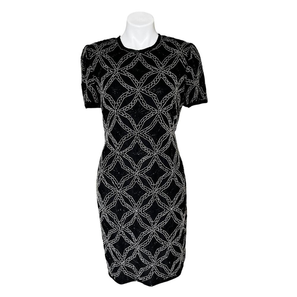 Vintage Papell Boutique Black Silver beaded silk evening dress size 8